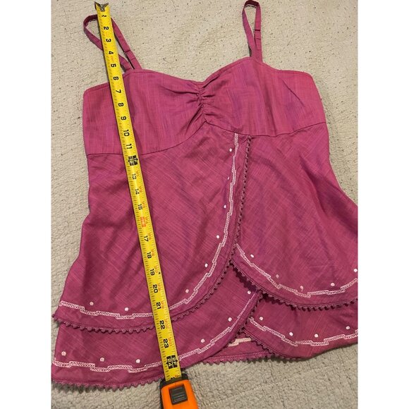 Bandolino Boho Cami Tank Y2K Festival  Top Sz 10 Pink Magenta Cotton Ruched Tier - Picture 2 of 10